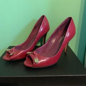 Burgundy patent peep toe Cole Haan pumps